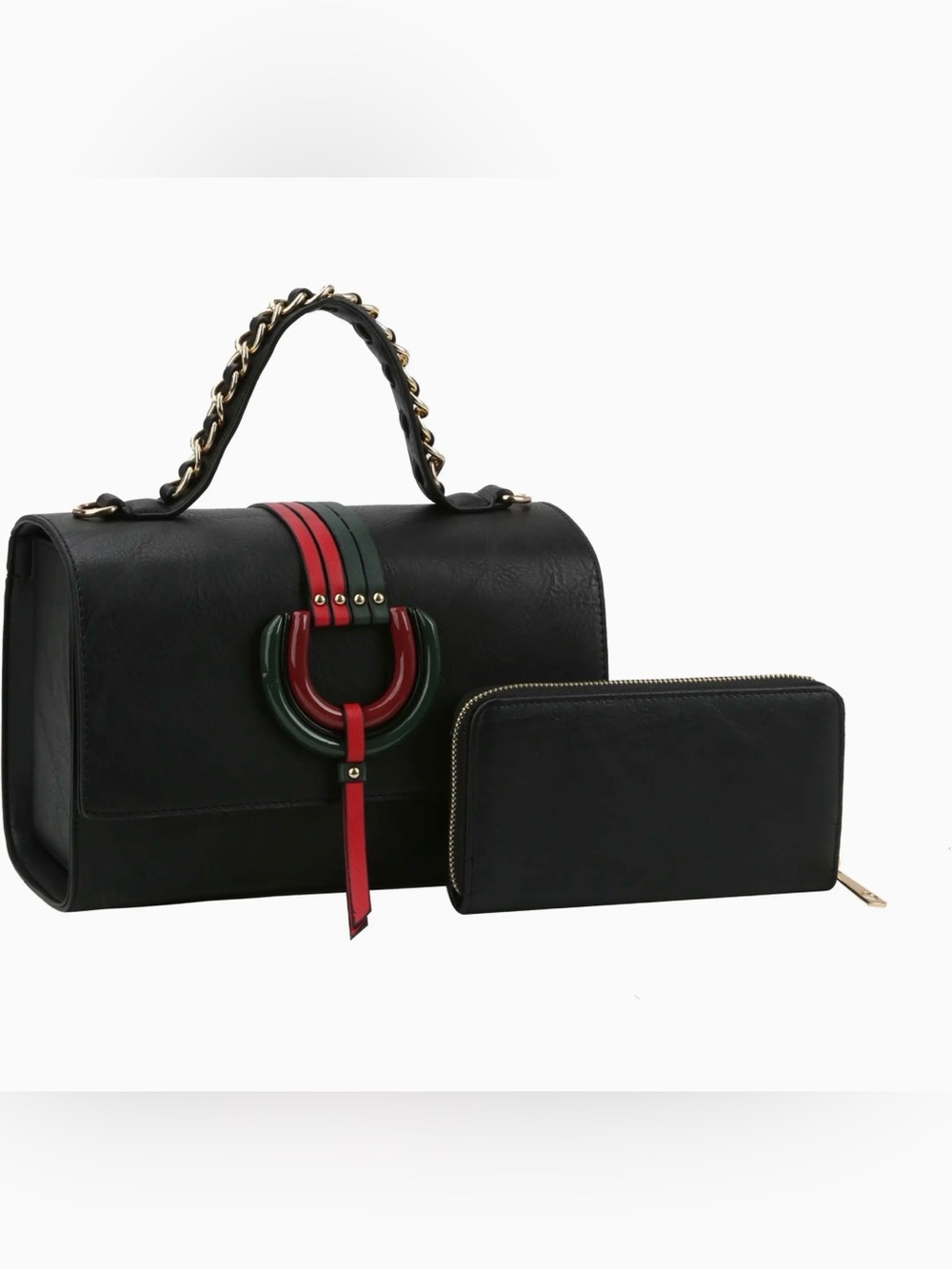 Black Top-Handle Satchel with Red and Green Accent